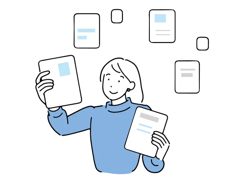 さまざまなテキストを選ぶ女性